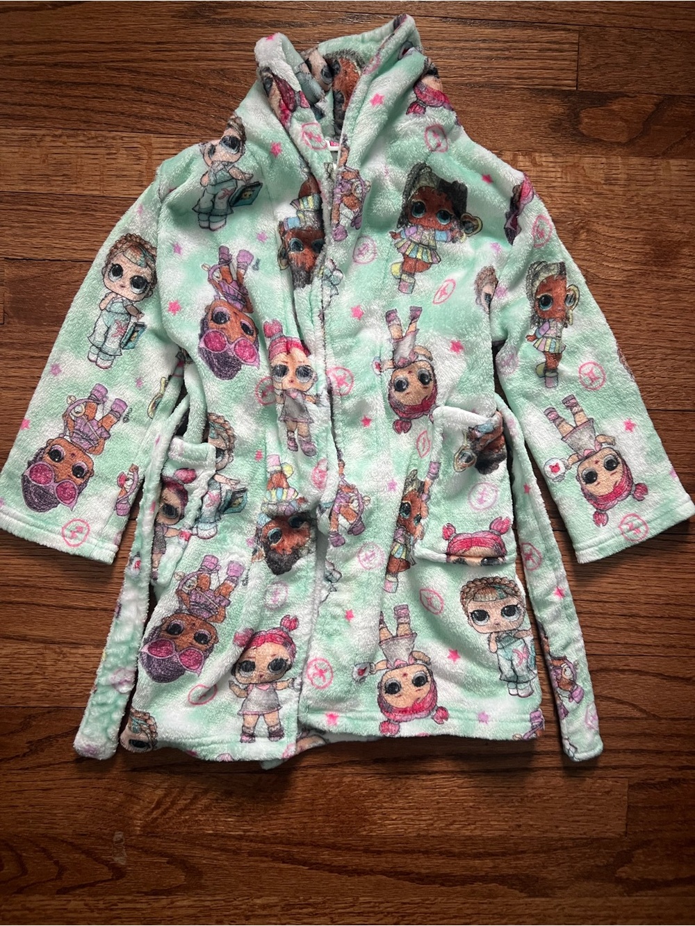 L.O.L Girls Mint Plush Hooded Robe‎ with Doll Character Print size 6